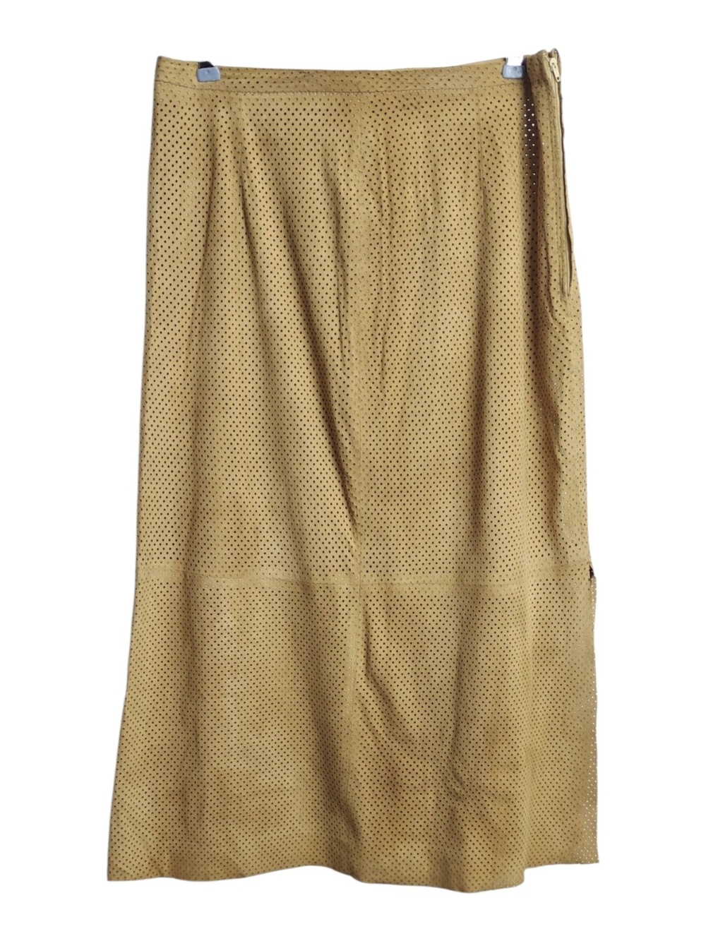 Genuine Leather Suede Perforated A-Line Midi Skirt in Mustard M